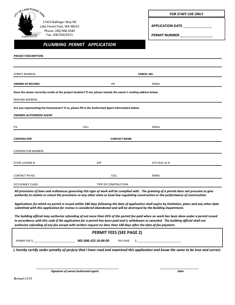First page of the Plumbing Permit Application and Fees