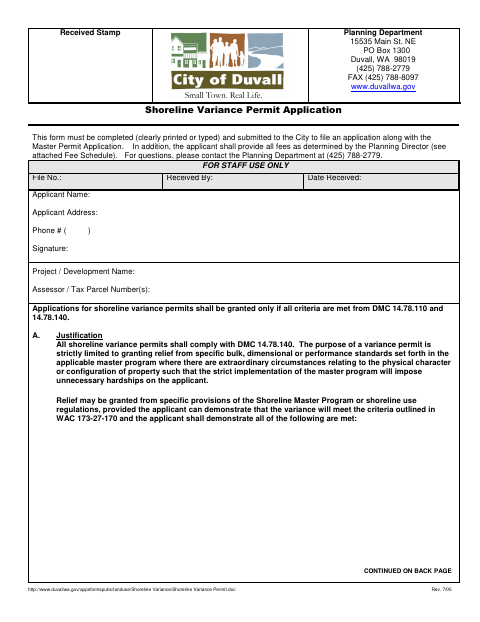 First page of the Shoreline Variance Permit Application