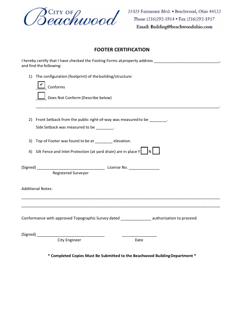 First page of the Footer Certification