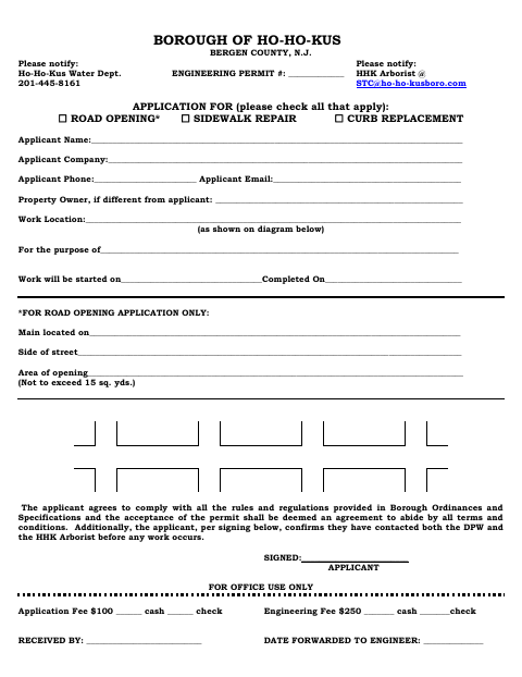 First page of the Application for Road Opening, Sidewalk Repair, and Curb Replacement
