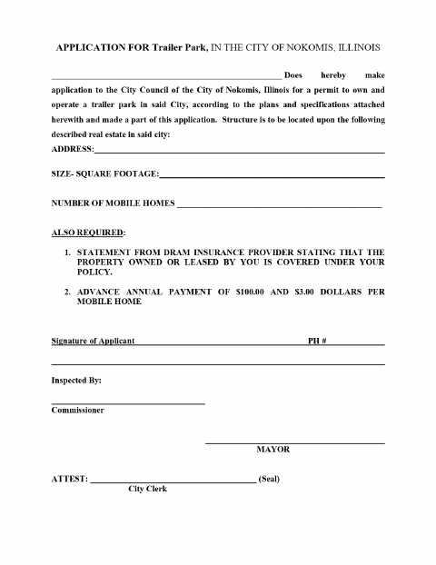 First page of the Trailer Park Permit Application