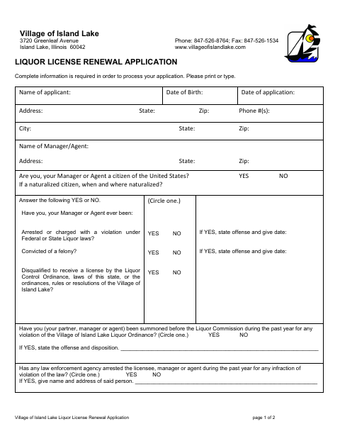 First page of the Liquor License Renewal Application