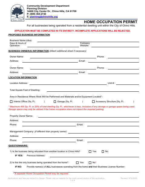 First page of the Home Occupation Permit Application