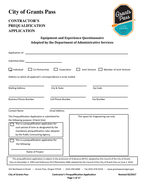 First page of the Contractor Prequalification Application