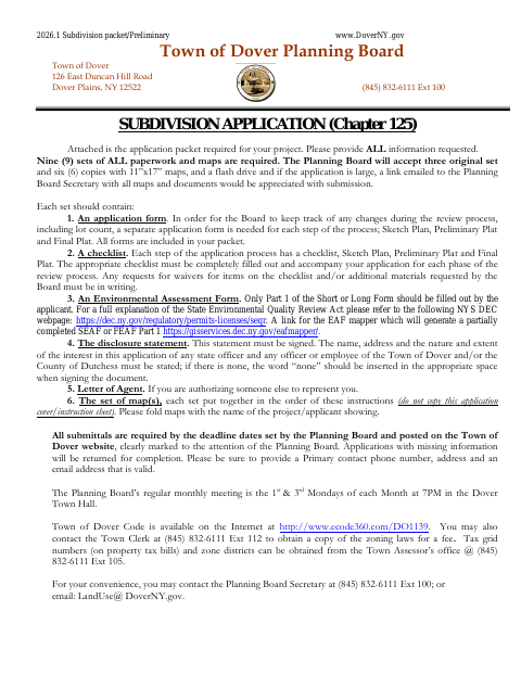 First page of the Subdivision Application (Chapter 125)