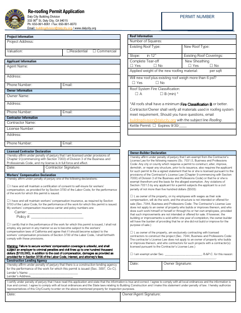 First page of the Re-Roofing Permit Application