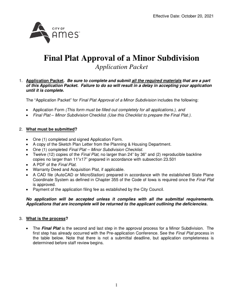 First page of the Final Plat Approval of a Minor Subdivision Application Packet