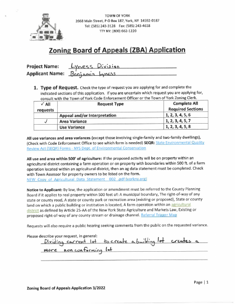 First page of the Zoning Board of Appeals Application