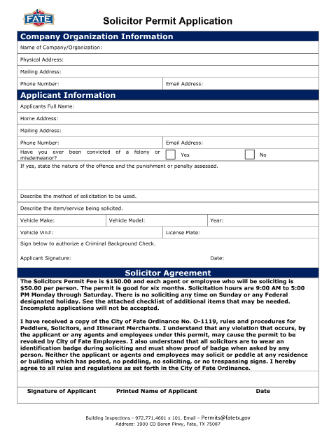 First page of the Solicitor Permit Application