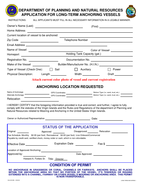First page of the Application for Long-Term Anchoring Vessels