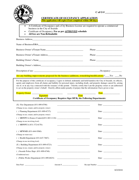 First page of the Certificate of Occupancy Application