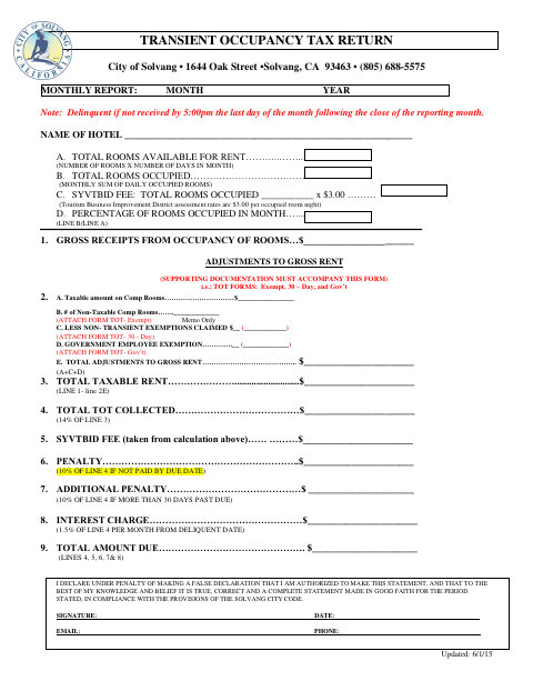 First page of the Transient Occupancy Tax Return