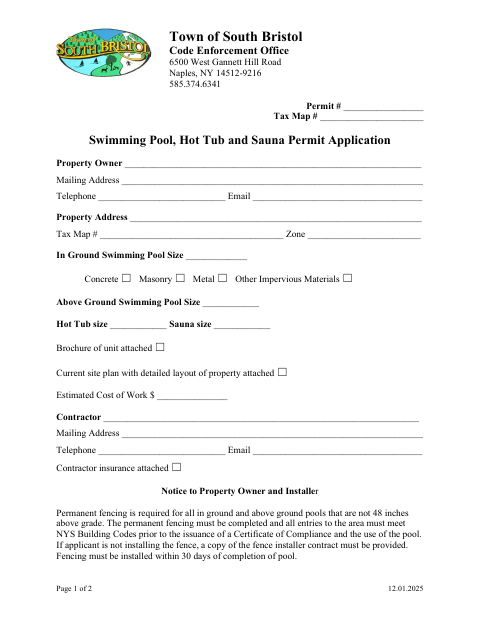 First page of the Swimming Pool, Hot Tub and Sauna Permit Application