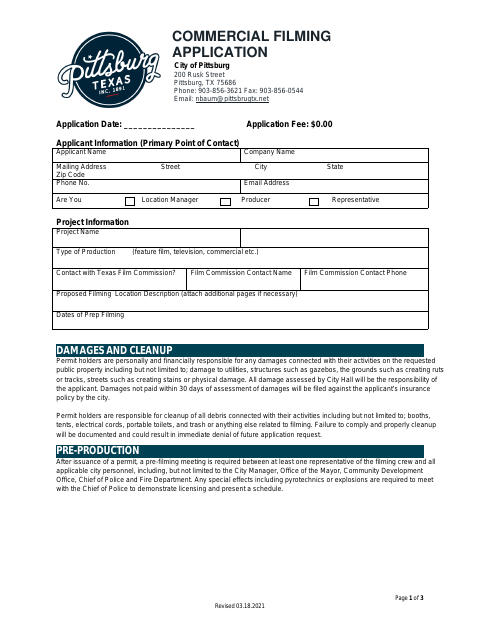 First page of the Commercial Filming Application