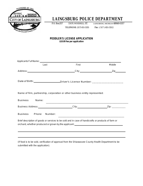 First page of the Peddler's License Application