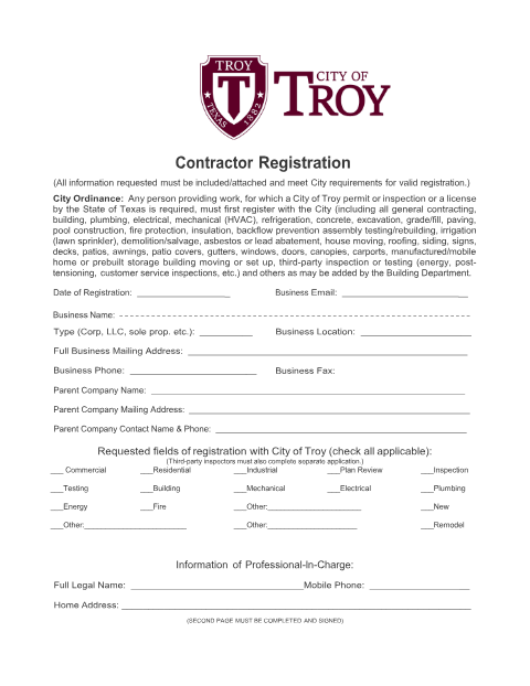 First page of the Contractor Registration Form