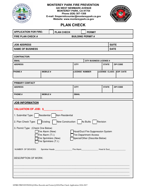 First page of the Plan Check Application For Fire