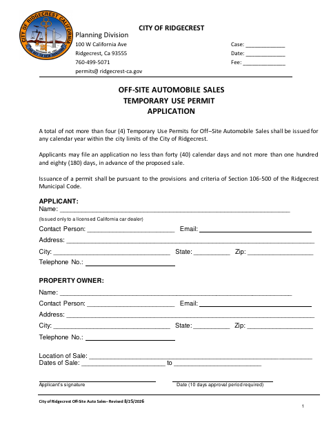 First page of the Off-Site Automobile Sales Temporary Use Permit Application