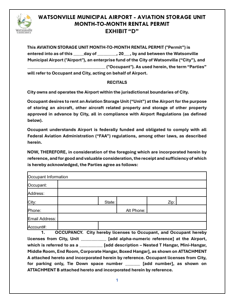 First page of the Aviation Storage Unit Month-To-Month Rental Permit