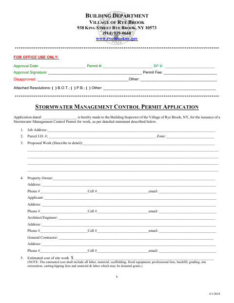 First page of the Stormwater Management Control Permit Application