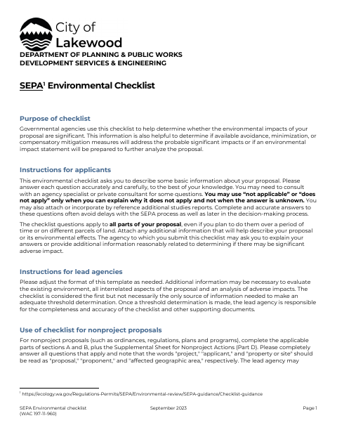 First page of the SEPA Environmental Checklist