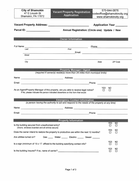 First page of the Vacant Property Registration