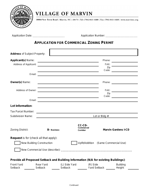First page of the Application for Commercial Zoning Permit
