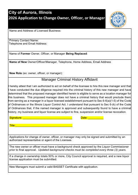 First page of the Application to Change Owner, Officer, or Manager (Liquor License)