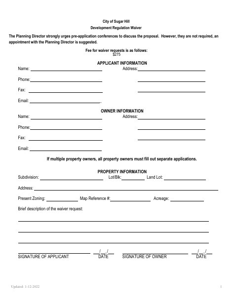 First page of the Development Regulation Waiver