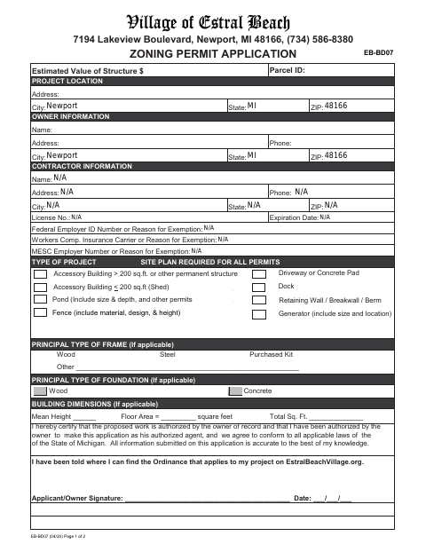 First page of the Zoning Permit Application