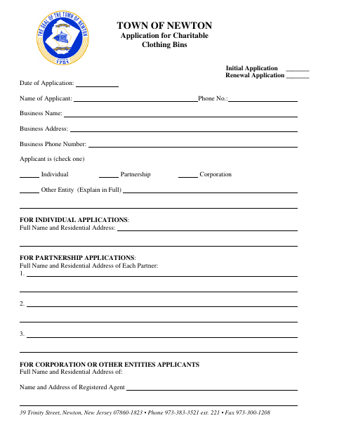 First page of the Application for Charitable Clothing Bins