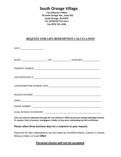 First page of the Request for Lien Redemption