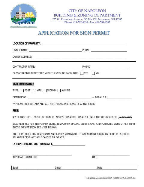 First page of the Sign Permit Application