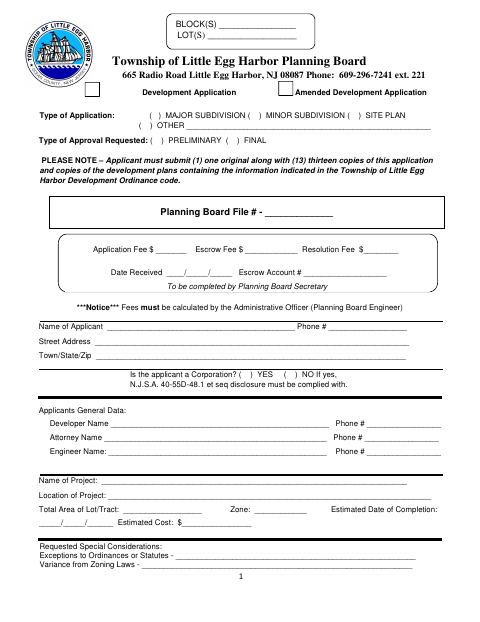 First page of the Planning Board Development Application