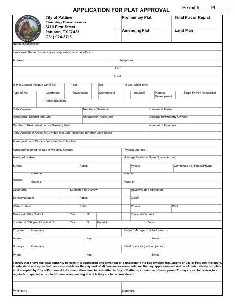 First page of the Plat Application