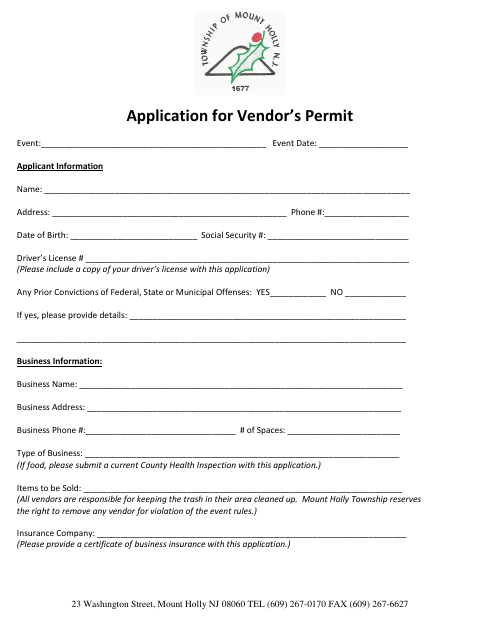 First page of the Application for Vendor’s Permit