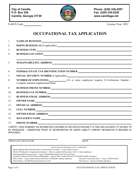 First page of the Occupational Tax Application SAVE and E-Verify Affidavit
