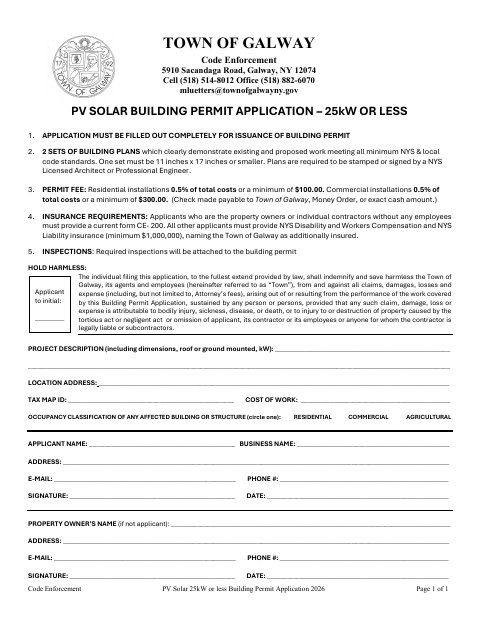 First page of the PV Solar 25kW or Less Building Permit Application