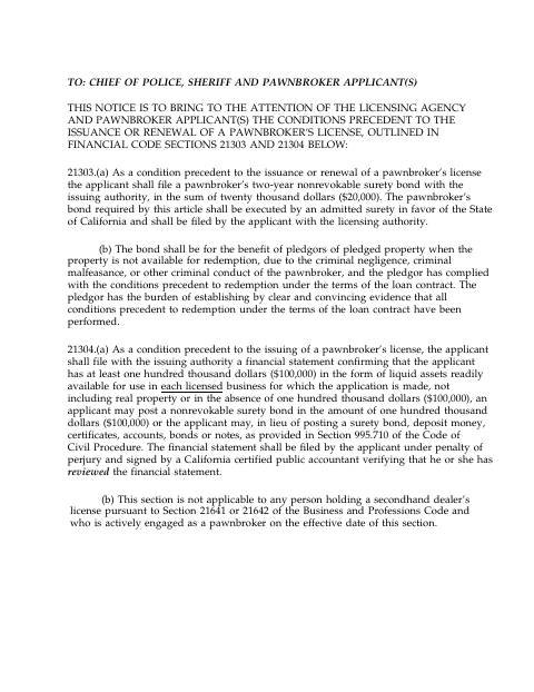 First page of the Pawnbroker/Secondhand Dealer Permit