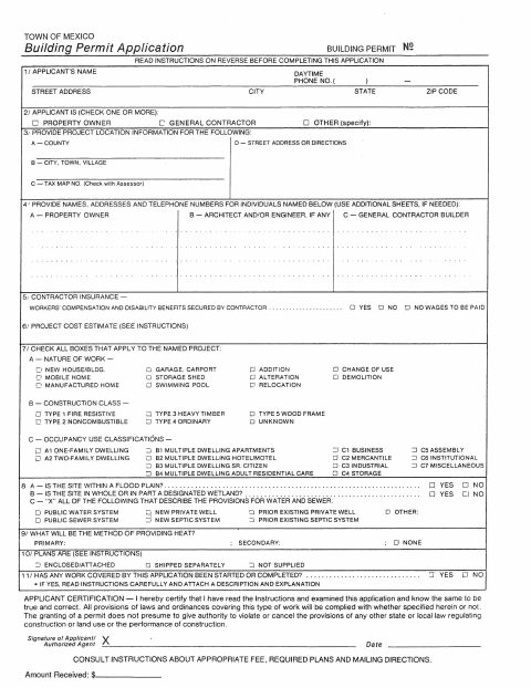 First page of the Town Building Permit Application