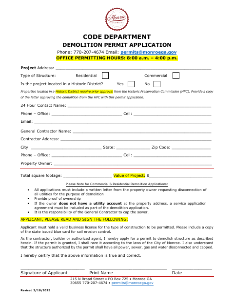 First page of the Demolition Permit Application