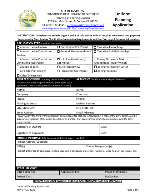 First page of the Uniform Planning Application