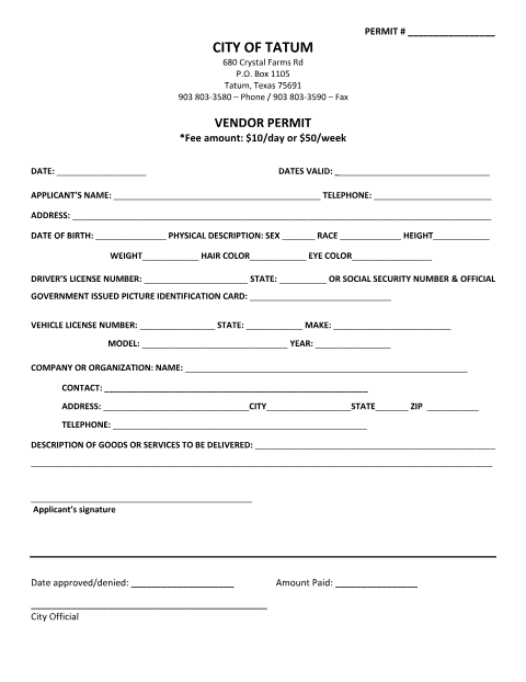 First page of the Vendor Permit