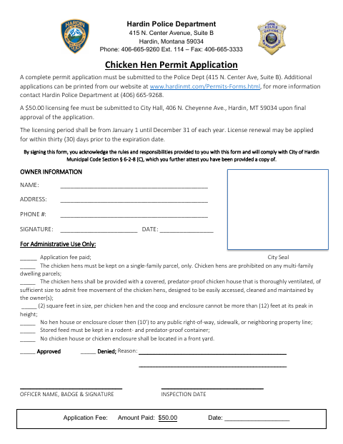 First page of the Chicken Hen Permit Application