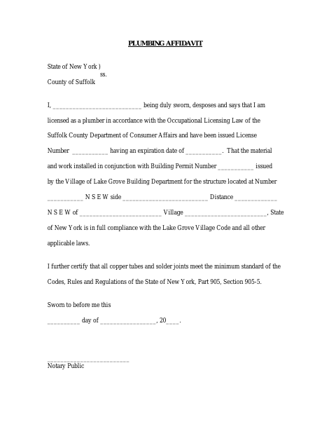 First page of the Plumbing Affidavit