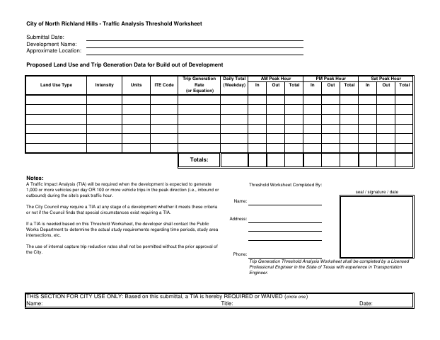 First page of the Traffic Impact Analysis Threshold Worksheet
