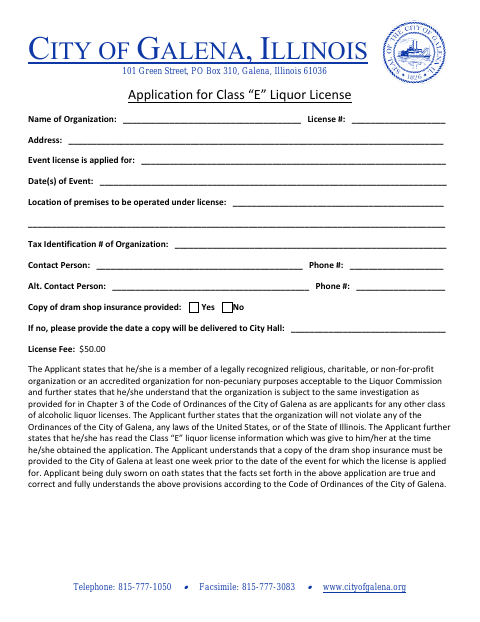 First page of the Class E Liquor License Application