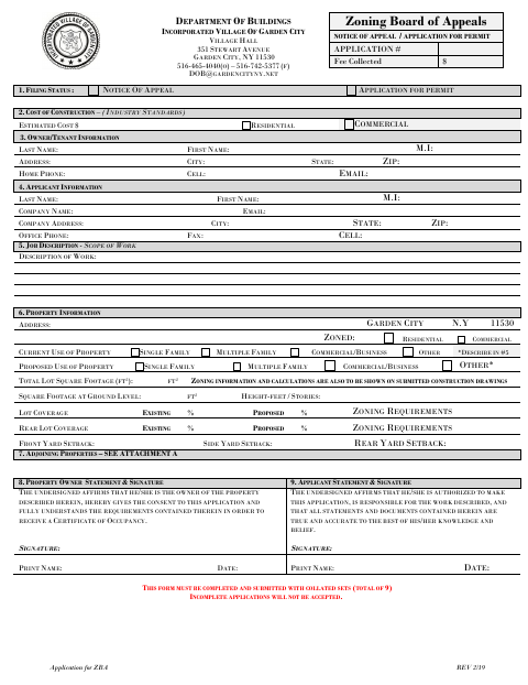First page of the Zoning Board of Appeals Notice of Appeal and Permit Application