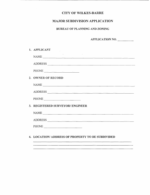 First page of the Major Subdivision Application