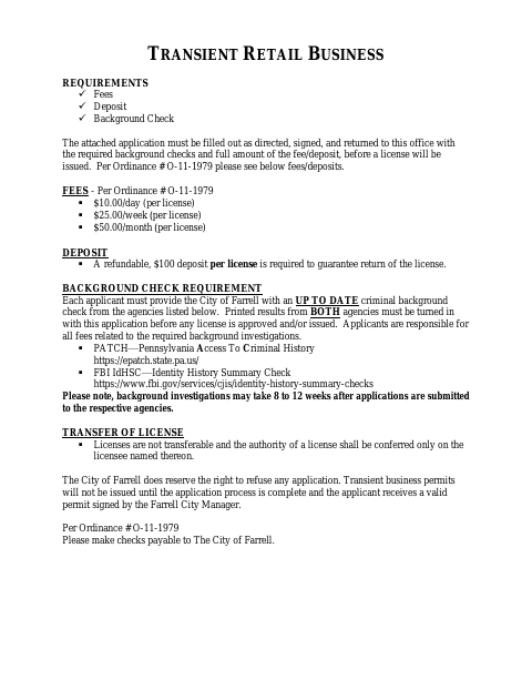 First page of the Transient Retail Business Application